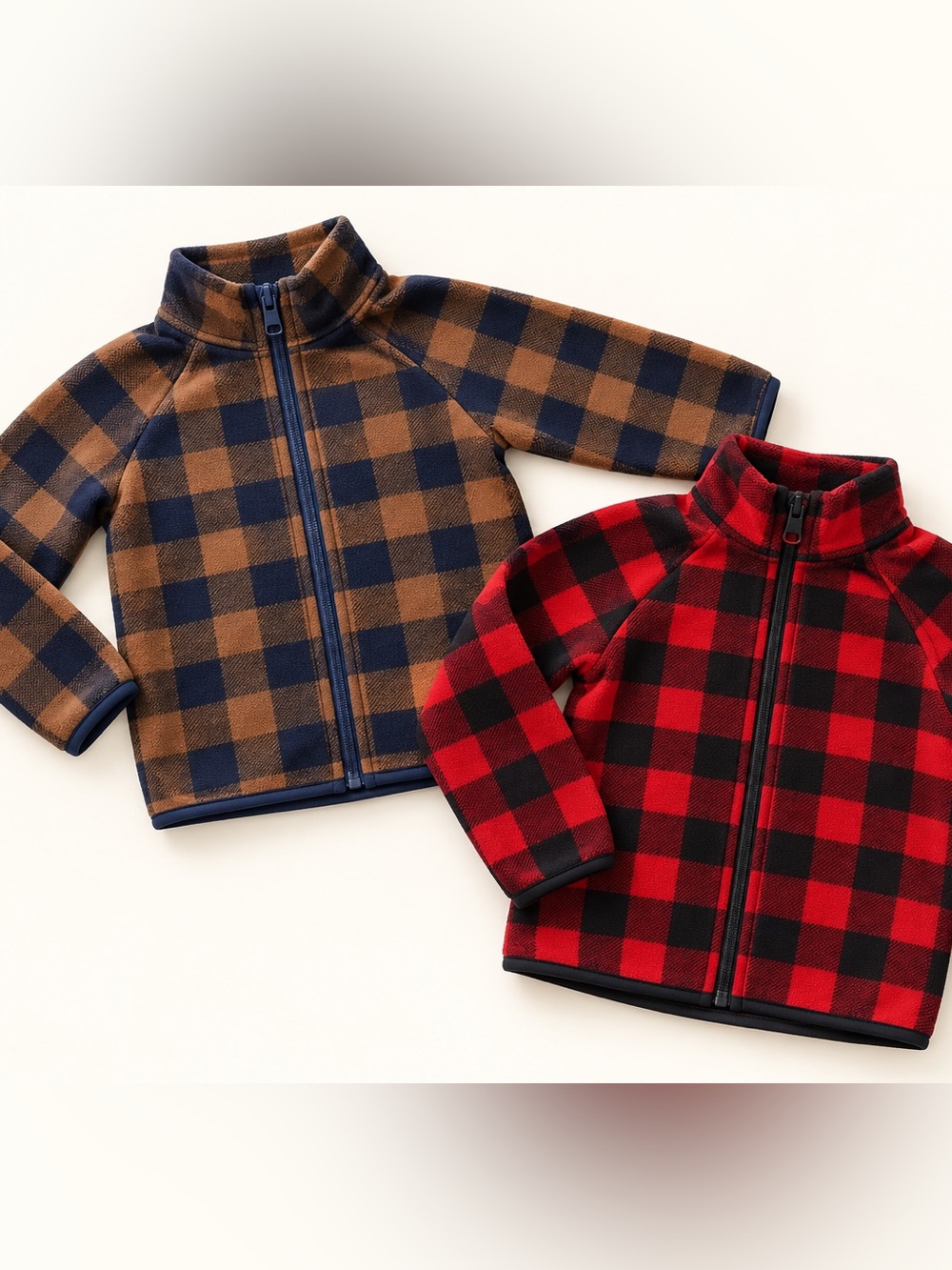 H&M Boys Fleece Zip Ups / Brown Navy Plaid Jacket / Buffalo Plaid / Red & Black
